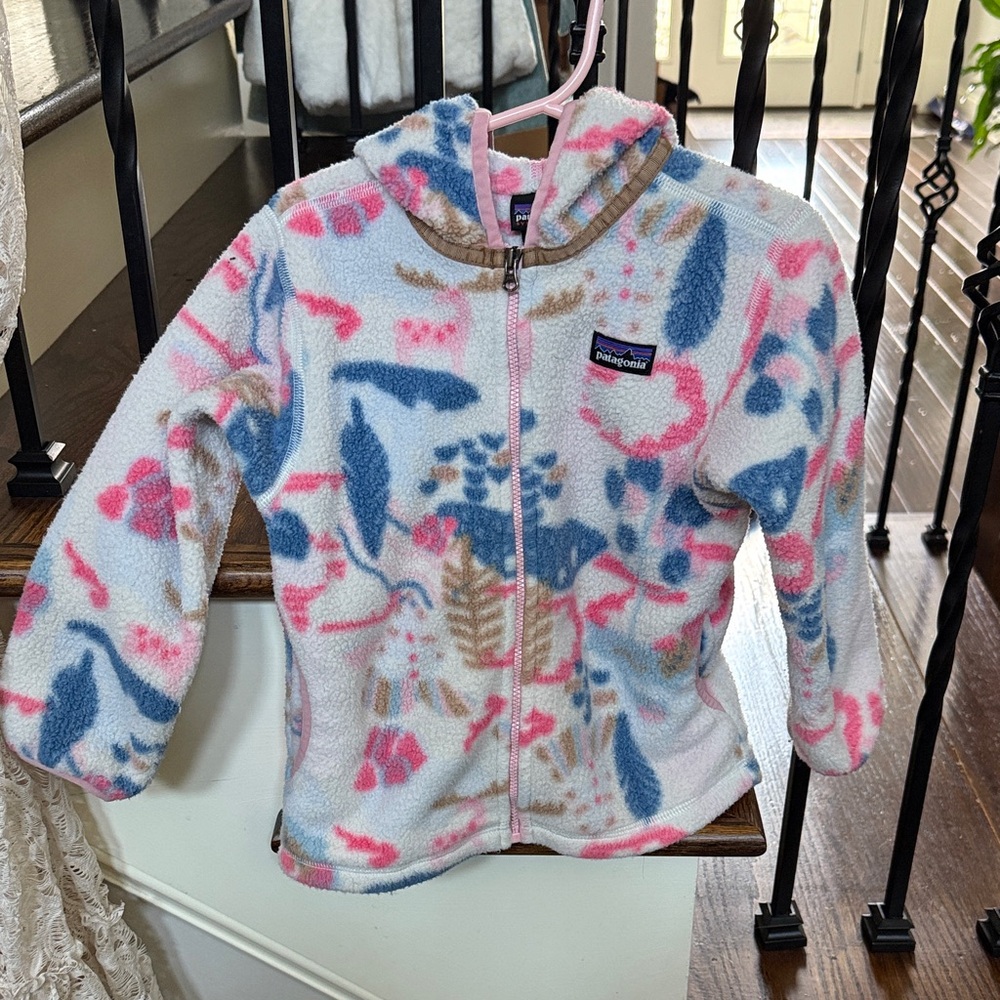 4T Patagonia Fleece Hoodie - White, Pink, Blue, and Brown